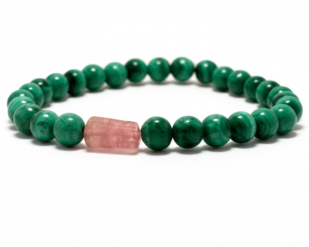 Brazíliai rózsaszín Turmalin ( Rubellit ) karkötő Kongói Malachittal